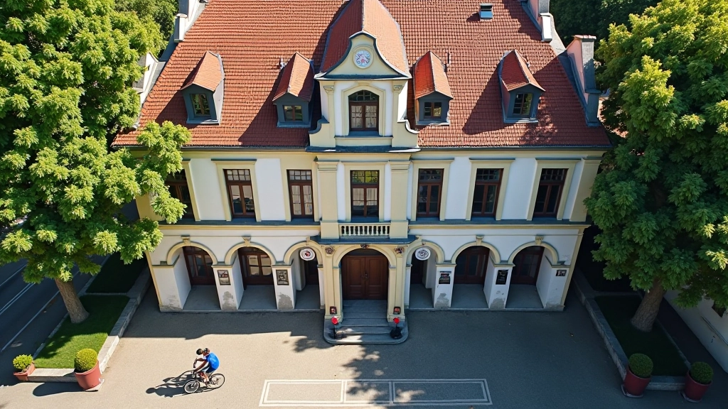 Vue aérienne d'une mairie française avec son drapeau tricolore et façade historique