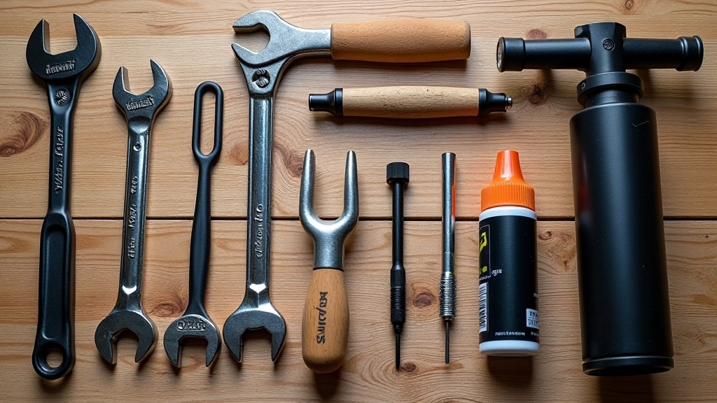 Vue de dessus d'un kit complet d'outils de maintenance vélo avec clés, tournevis et lubrifiant
