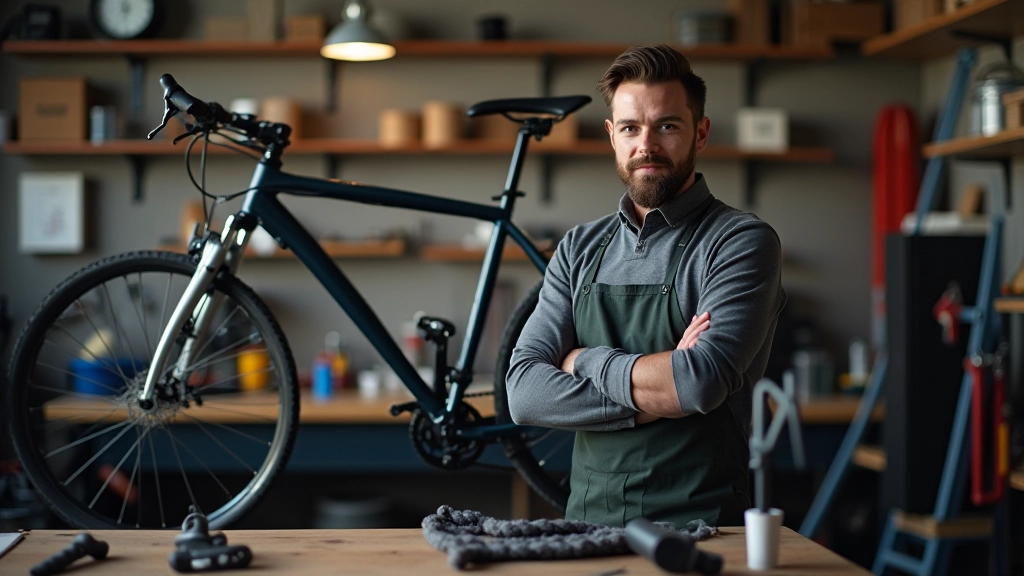 Atelier de réparation vélo avec pièces détachées, outils, et un vélo en cours d'entretien sur un établi