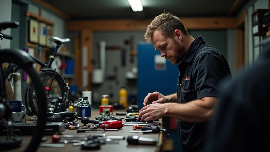 Atelier de réparation de vélo avec outils et pièces détachées
