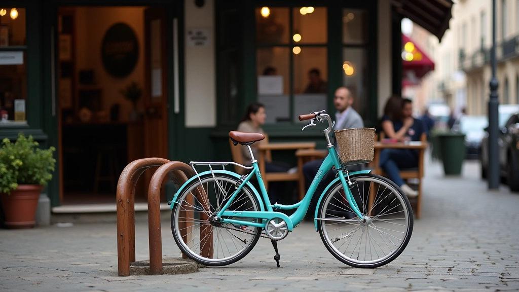 Vélo classique garé devant un café en centre-ville