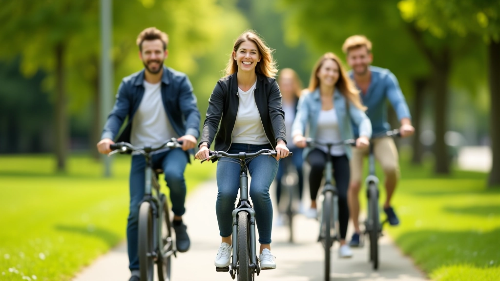 Groupe de personnes à vélo sur une piste cyclable verdoyante, sourires heureux, environnement urbain ensoleillé