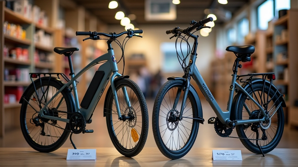 Comparaison visuelle de différents modèles de vélos classiques et électriques avec leurs prix affichés