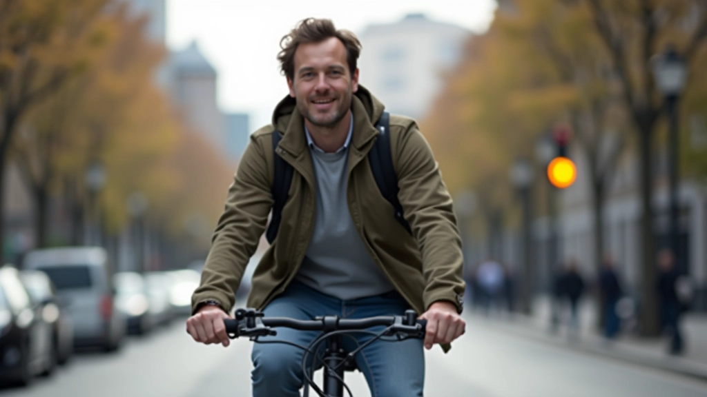 Cycliste urbain transportant un sac à dos en roulant dans une rue de ville avec des bâtiments modernes en arrière-plan