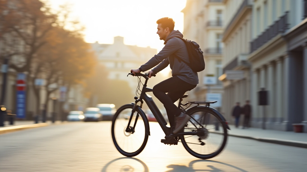 Cycliste urbain sur un vélo électrique dans une rue parisienne