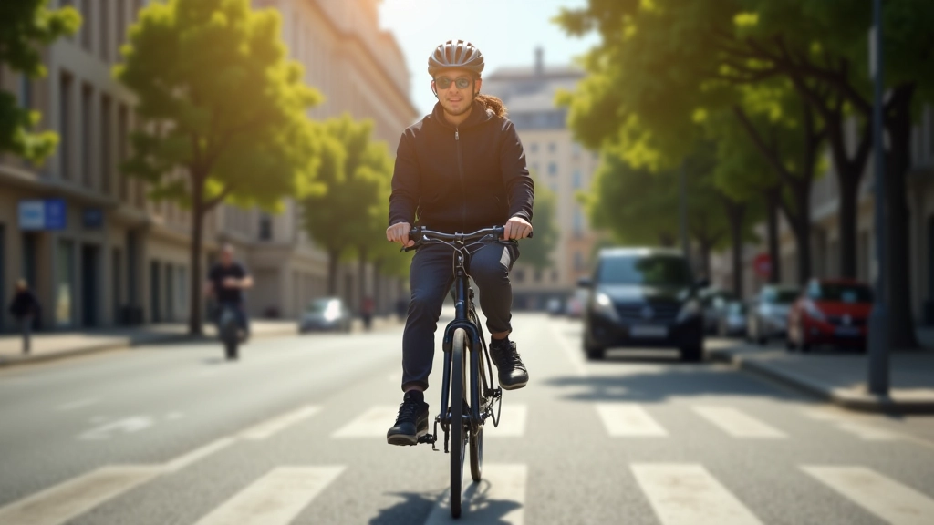 Cycliste urbain roulant dans une rue animée de la ville avec des immeubles