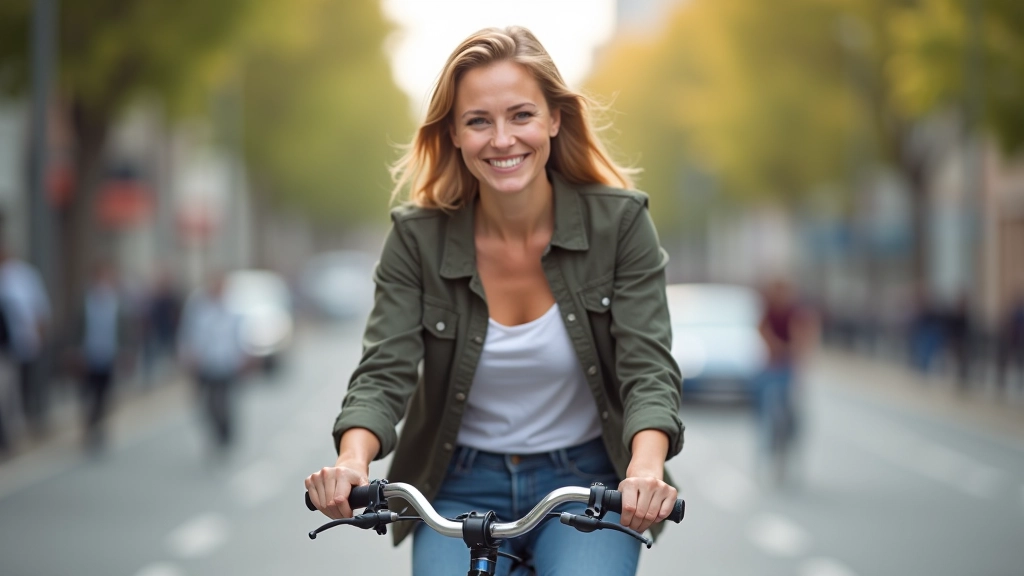 Femme souriante à vélo dans une rue urbaine, portant des vêtements décontractés, portrait de la taille vers le haut